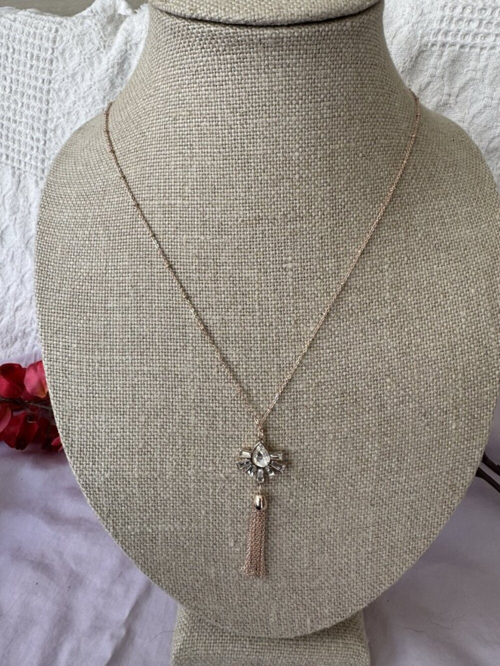 NEW Lauren Conrad 32" Dainty Chain Goldtone Necklace Rhinestone Tassel Charm